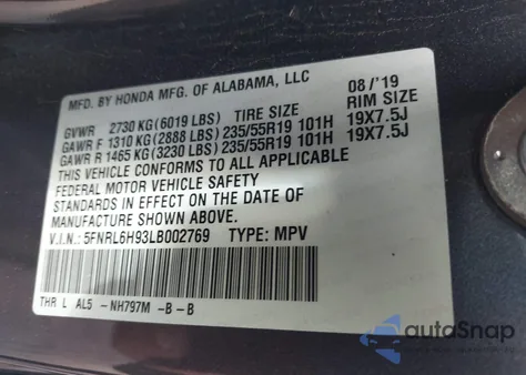 2020 Honda Odyssey Elite из США, поврежденный, VIN 5FNRL6H93LB002769